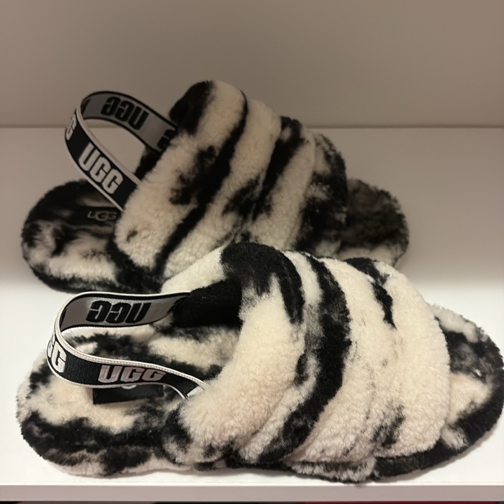 UGG Kids Black and White Fluffy Slippers